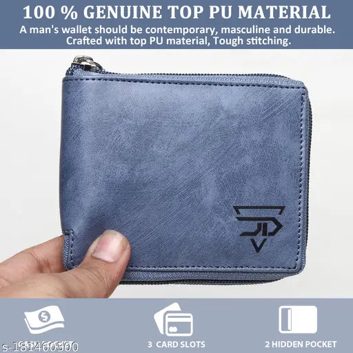 Blue faux leather round zip wallet, 2 compartments, textured pattern, free size (12cm x 9cm), modern men's designer accessory from JnD