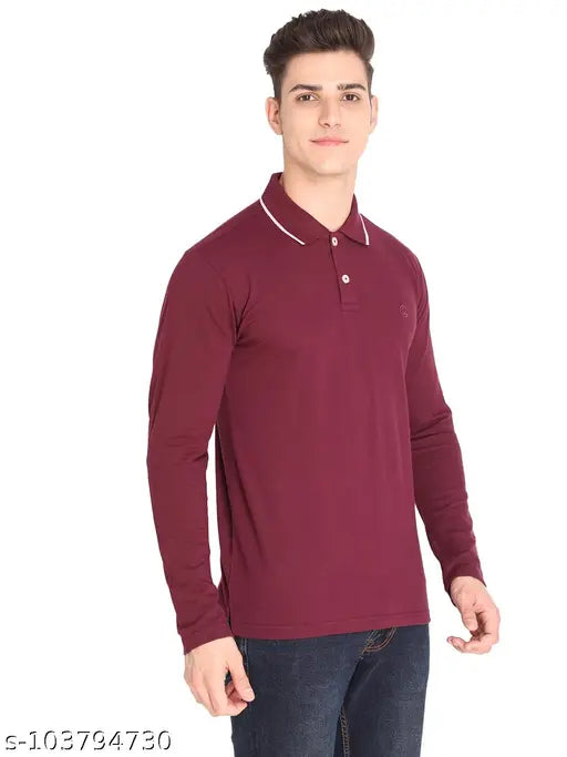 Maroon polycotton long sleeved Chkokko Men's Solid Polo, comfortable classic fit, 60% cotton 40% polyester pique fabric