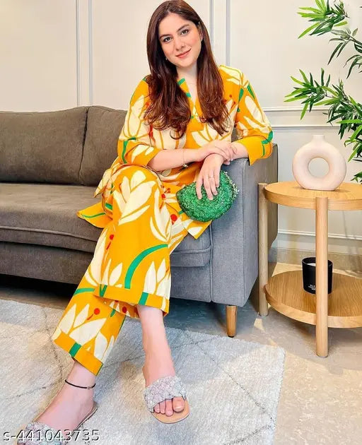 Yellow loose fit coord set, printed cotton top and bottom, long sleeves, summer-friendly cordset for women