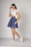 Denim dark blue mini-skirt with belt and two side pockets, stylish women's skirt for everyday wear