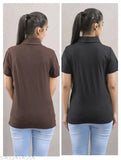 Stylish cotton collar t-shirt, short sleeves, solid pattern, size M (38in bust, 25in length), made in India
