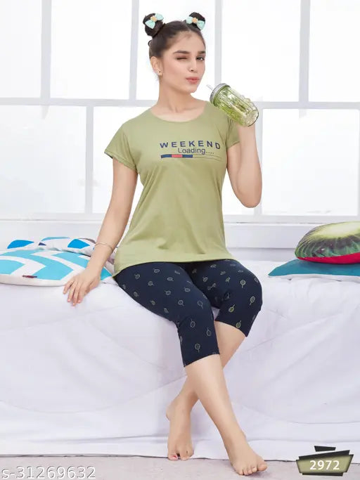 Women's printed cotton night capri set, stylish and comfortable T-shirt and Capri for girls aged 9-16