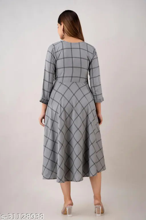 Grey Rayon Checked Long-Sleeved Kurti for Party Wear, formal and casual wear. Indian designer fashion for women's events and parties