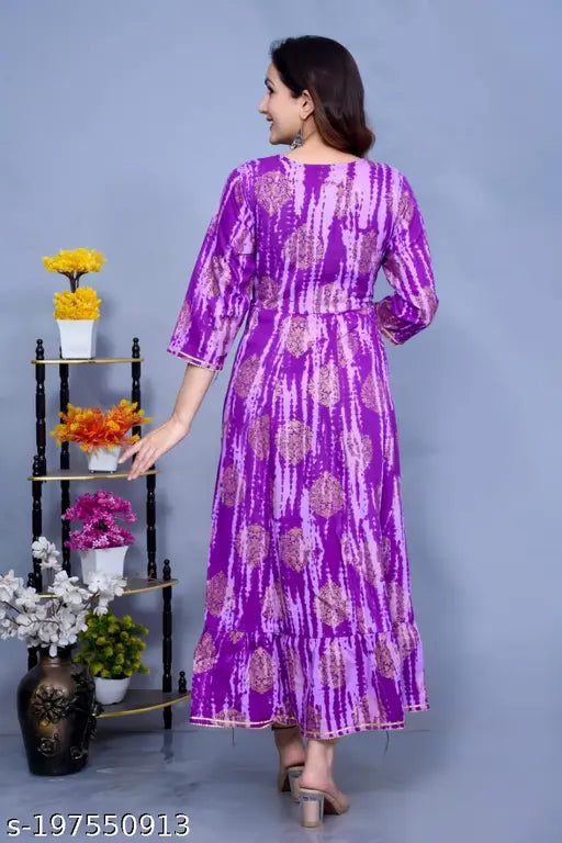 Rayon flared kurti with ethnic motif print, three-quarter sleeves, Indian origin