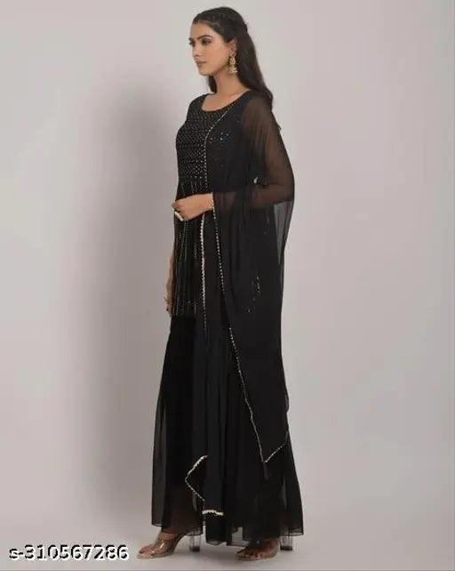 Heavy embroidered georgette top with sharara set and matching dupatta - black, mahendi, petrol, rust
