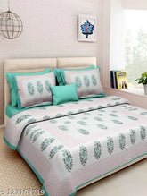 Turquoise cotton Jaipuri double bedsheet with 2 pillow covers, featuring floral design for summer decor