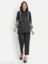 Black velvet embroidery night suit/coord set, wool fabric, high-low full sleeves V-neck tunic shirt with pant coord for women in winter