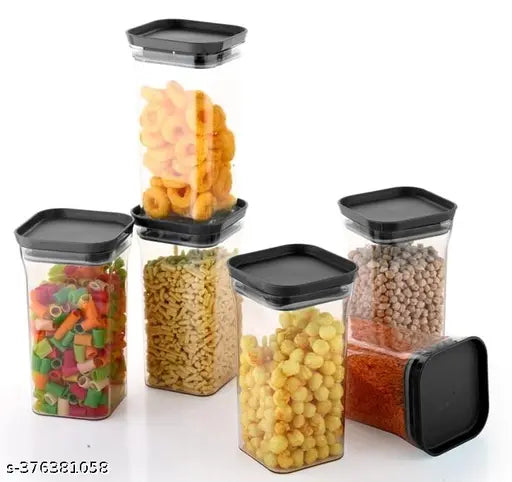 Airtight plastic kitchen container set (1100 ML), space-saving and BPA-free, suitable for pulses, flours, biscuits, and snacks storage. Clear, durable, dishwasher-safe containers with capacity for organizing pantry items