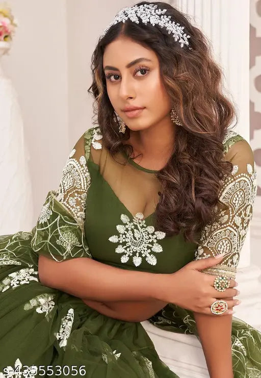 Dark green embroidered Semi-Stitched Lehenga & Blouse with Dupatta, Free Size. Indian handcrafted embroidery on net fabric." (125 characters)