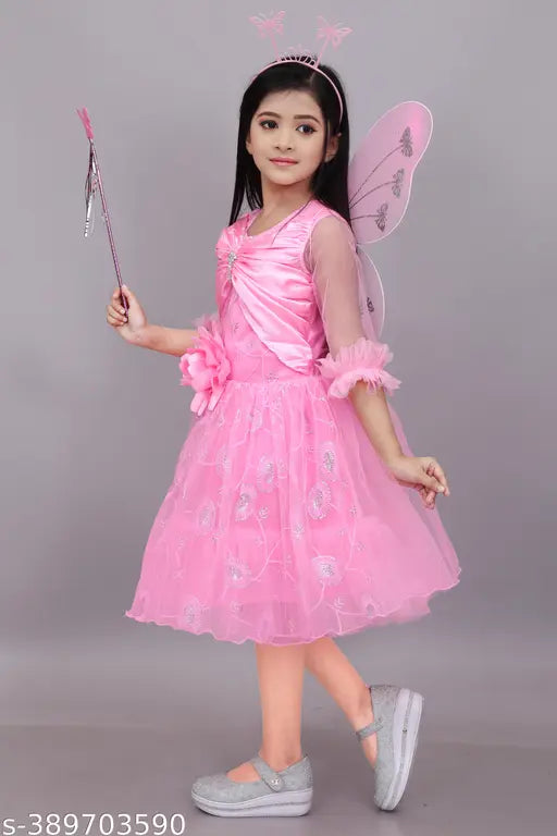 Floral embellished net frock for girls party wear, three-quarter sleeves, India-made children's fashion