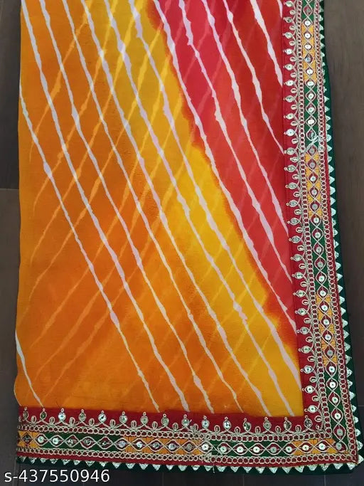 Multi-colored dhaga embroidered Georgette saree with lace border and mothra design, free size, soft fabric with cording sequence. Indian-made Sawan special lahariya print saree set