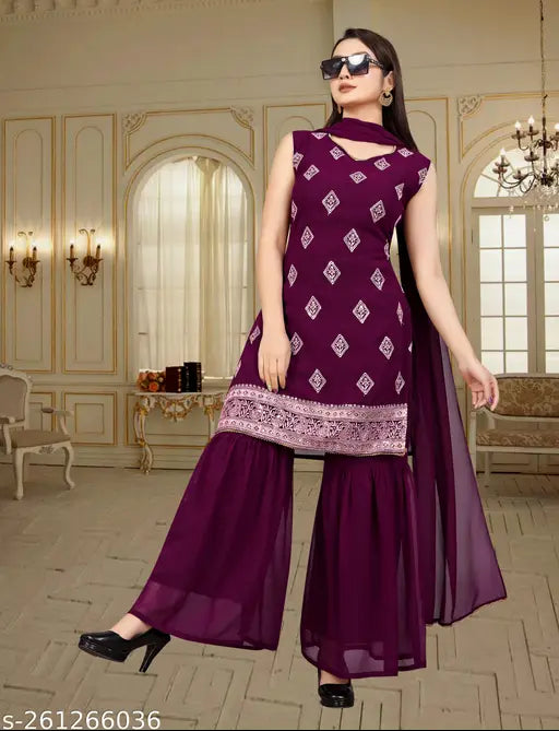 Purple Georgette Sharara Salwar Suit Set with Sequence Embroidery - Readymade Wedding & Festival Attire (Cotton blend)