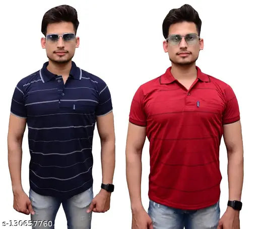 Blue cotton polo t-shirts pack 2, horizontal stripes design for men's summer wardrobe refresh
