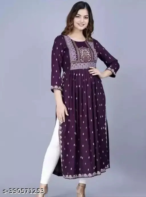 Purple rayon printed festive kurti for women, three-quarter sleeves, vibrant Indian traditional attire