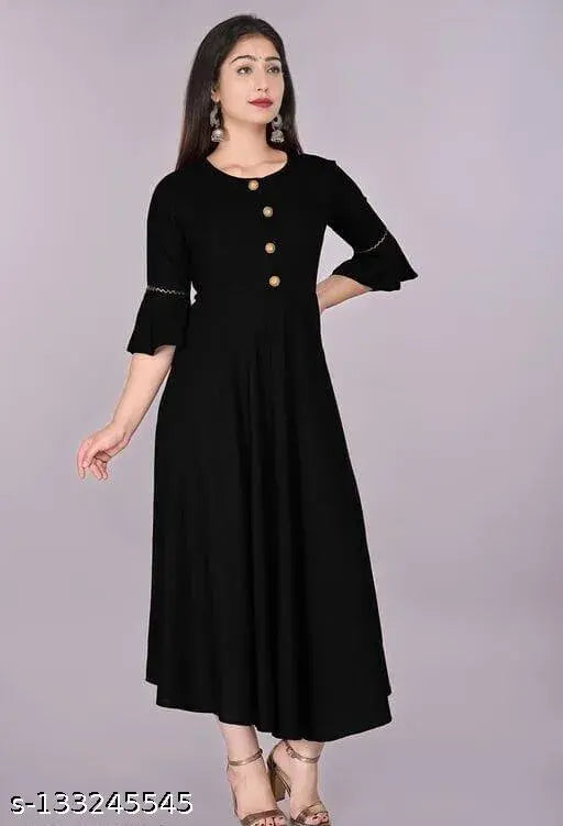 Black Rayon Anarkali Kurta, elegant design, three-quarter sleeves, traditional Indian motifs, formal/casual wear