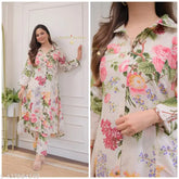 Rayon kurti set with printed net pants, three-quarter sleeves for women