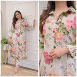 Rayon kurti set with printed net pants, three-quarter sleeves for women