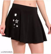 Black polyester flared mini skirt, elastic waistband, slip-on closure, ideal for skater style
