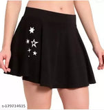 Black polyester flared mini skirt, elastic waistband, slip-on closure, ideal for skater style