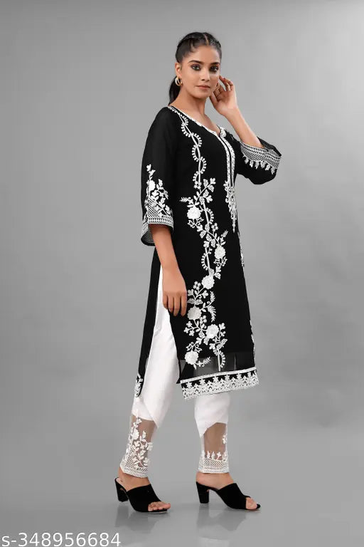 Floral embroidered Georgette Salwar Suit Set, new designer heavy embroidery work, full sleeve stitched top and white pants. (1Pc Kurta, 1pc pant)