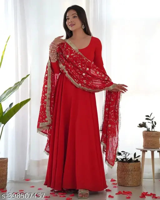 Georgette anarkali gown set with pent, Indian-made full dupatta and bottomwear in solid colors, suitable for upcoming festivals & weddings. Three-quarter sleeves with sequin and jari work on kurta and padded attached potli, featuring micro cotton inner lining. Pent made from micro cotton, fully stitched and free size. Dupatta made of 2.2 meater pure fox georgette with embroidery, lace work and border, approximately 53 inches in length. Sizes available: S, M, L, XL, XXL