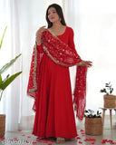 Georgette anarkali gown set with pent, Indian-made full dupatta and bottomwear in solid colors, suitable for upcoming festivals & weddings. Three-quarter sleeves with sequin and jari work on kurta and padded attached potli, featuring micro cotton inner lining. Pent made from micro cotton, fully stitched and free size. Dupatta made of 2.2 meater pure fox georgette with embroidery, lace work and border, approximately 53 inches in length. Sizes available: S, M, L, XL, XXL