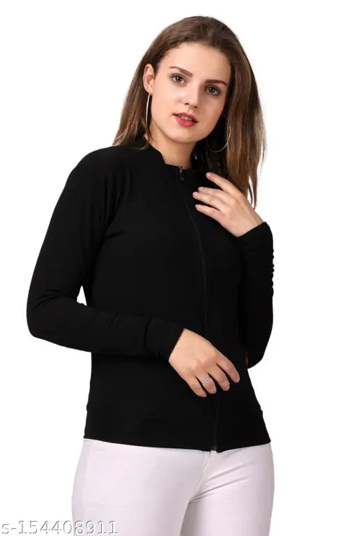 Women's black polycotton casual zip jacket, solid pattern, long sleeves, XS-6XL sizes available for multiple occasions
