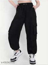 Women's solid polyester cargo-style joggers, available in S, M, L, XL sizes for stylish comfort