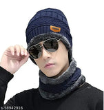 Wool winter beanie hat & scarf set, thick fleece-lined for men and women, warm knitwear on display