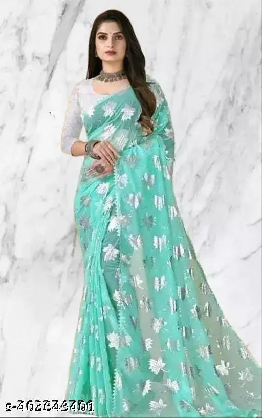 Poly Georgette sky-colored foil flower print saree with separate art silk blouse, Indian traditional wear on mannequin