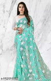 Poly Georgette sky-colored foil flower print saree with separate art silk blouse, Indian traditional wear on mannequin