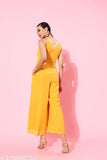 Mustard solid halter neck polyester jumpsuit with pleats, women's fashion accessory by Miss Chase