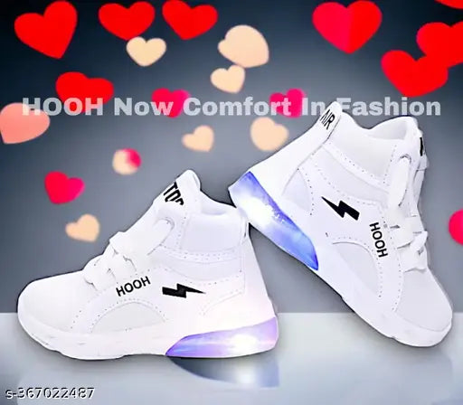 Synthetic light-up white shoes with lace-up fastening, ideal for kids' active play, embellished net pattern, size 12-18 months, India origin