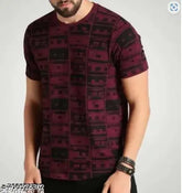 Maroon polyester printed men's round neck half-sleeve t-shirt, vibrant design, stylish casual wear