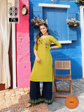 Black rayon Plazzo set with embroidered net kurta and palazzos, three-quarter sleeves. Women's black kurta set with Plazzo bottomwear