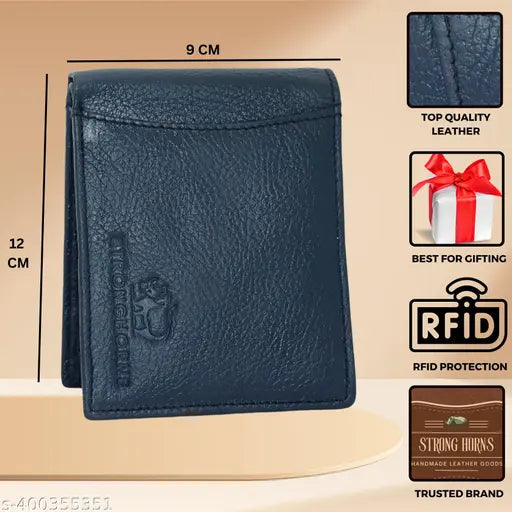 Navy Blue Genuine Leather RFID Wallet for Men - 9 card slots, solid design, luxury leather, RFID-secured wallet with Strong Horns emblem, timeless elegance