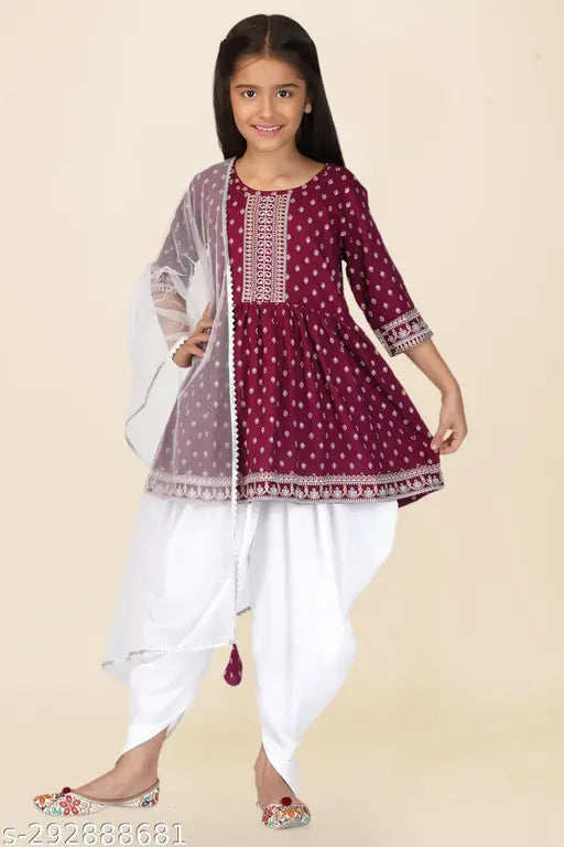 Agile Comfy Girls Rayon Kurta Suit Set with printed dupatta and bottomwear for kids aged 5-13 years, Indian origin