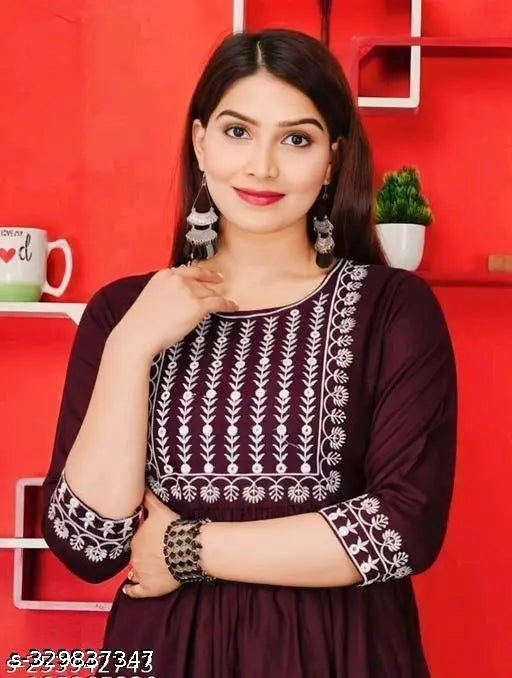 Rayon Anarkali Women's Full Length Kurti, single-colored embroidered three-quarter sleeve dress for S to XXXL sizes, Indian origin