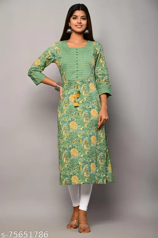 Dark green printed cotton kurta for women, three-quarter sleeves, Indian origin