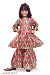 Orange anarkali-style sharara pants kurta set for girl, pure cotton festive collection by Queenpinenterprise, size 12-18 months