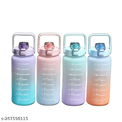 Purple plastic 2-liter motivational water bottle with leakproof design, great for gym, running, camping, outdoor sports. BPA-free, features measuring scale, wide mouth, and removable straw. Ideal gift for fitness enthusiasts