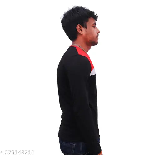 Black and Red Block Full-Sleeve Polyester T-Shirt for Men, modern colorblocked design on long sleeves, great for autumn/winter fashion and casual elegance