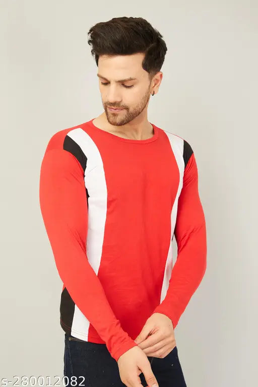 Red colorblocked cotton men's T-shirt with long sleeves, Swiftly brand