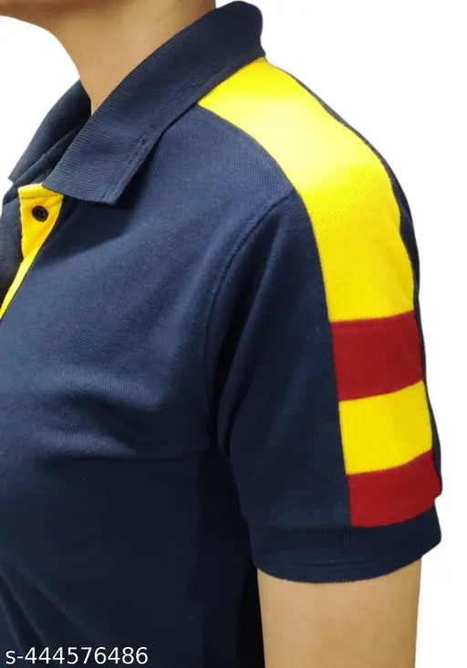 Navy Blue Multi-Colored Collar Cotton Blend T-Shirt for Women & Girls - Breathable, Vibrant, Comfortable Fashion