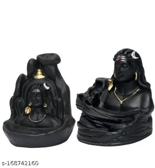 Handcrafted poly resin Adiyogi smoke fountain backflow with 20 cones, creating a smoky waterfall effect around Lord Shiva figure, perfect for home decor and incense burning