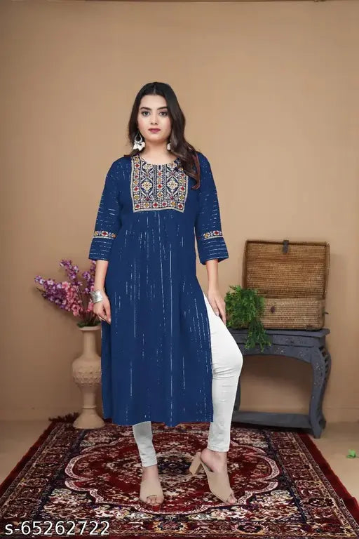 Rayon slub, embroidered printed kurti with lurex silver lining - Indian ethnic wear for women