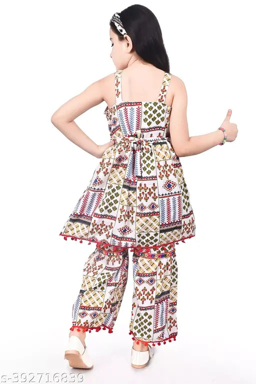 White cotton blend colorblocked Rajasthani printed top with palazzo, traditional Indian clothing set for girls aged 1-7 years