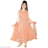 Peach chanderi embroidered flared gown, pant & dupatta - vibrant Indian children's party wear
