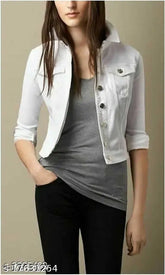 Denim full sleeve cotton jacket for girls, trendy solid design, three-quarter sleeves