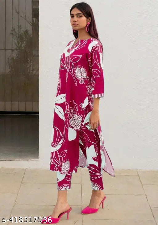 GoSriKi women's pink printed cotton blend kurta with palazzos, single set in multiple sizes (S-XXL), Indian ethnic wear for ladies